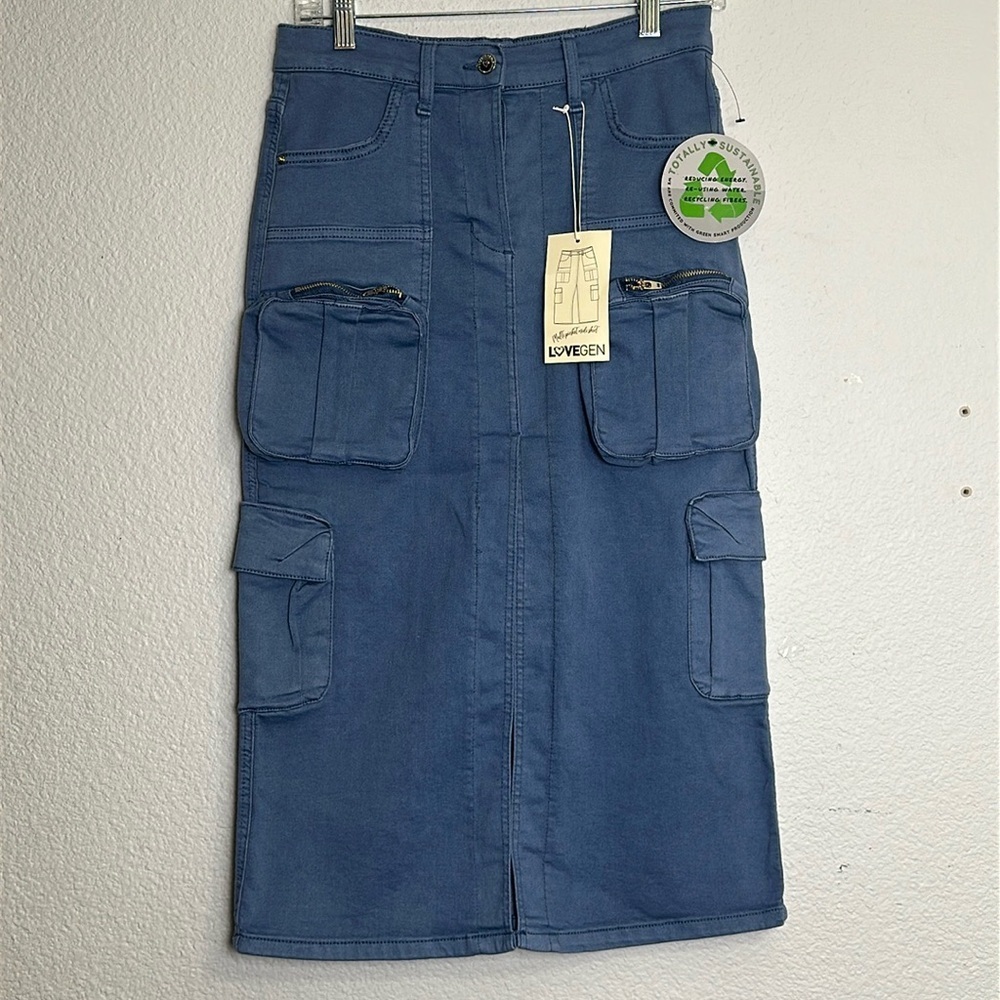 LoveGen Women's Size 5/28 Stretchy Grey Blue Denim Cargo‎ Midi Skirt NWT